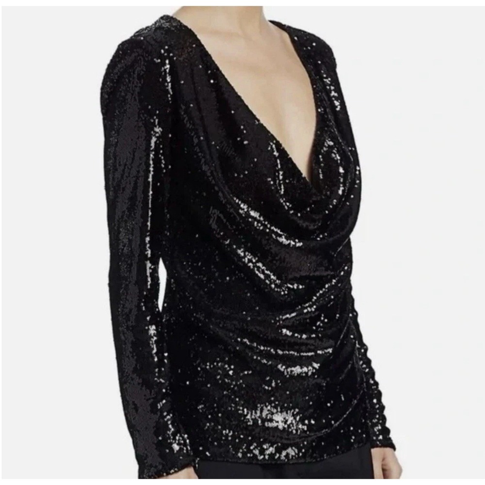 Ramy Brook Nicole Black Sequin Long Sleeve Cowl Neck Top Size Medium NWT - Picture 10 of 10